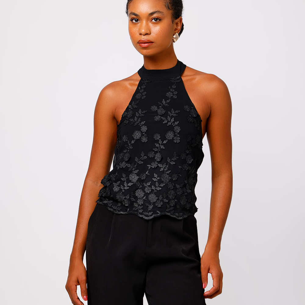 Blusa feminina frente única floral preta Blusa feminina frente única floral preta