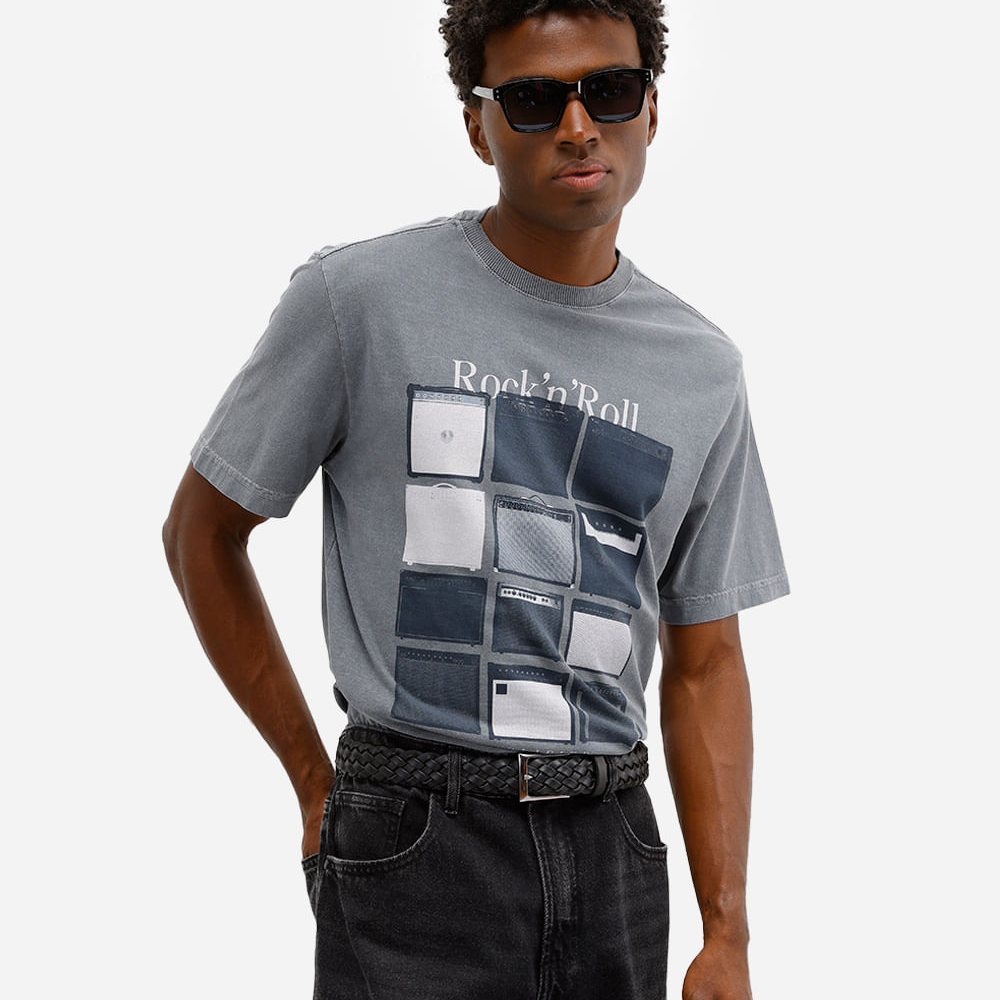Camiseta comfort masculina de algodão rock n roll cinza Camiseta comfort masculina de algodão rock n roll cinza