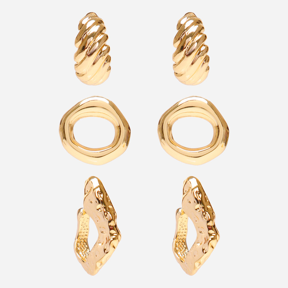 Kit de 3 brincos texturizados dourado Kit de 3 brincos texturizados dourado