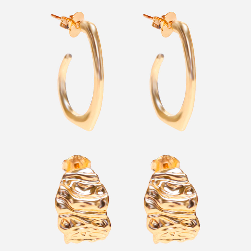 Kit de 2 brincos argolas com textura dourado Kit de 2 brincos argolas com textura dourado