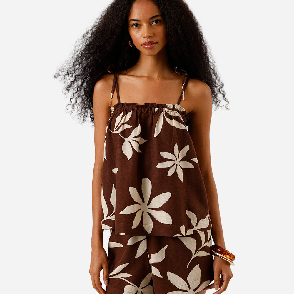 Blusa alça fina feminina com linho floral marrom Blusa alça fina feminina com linho floral marrom