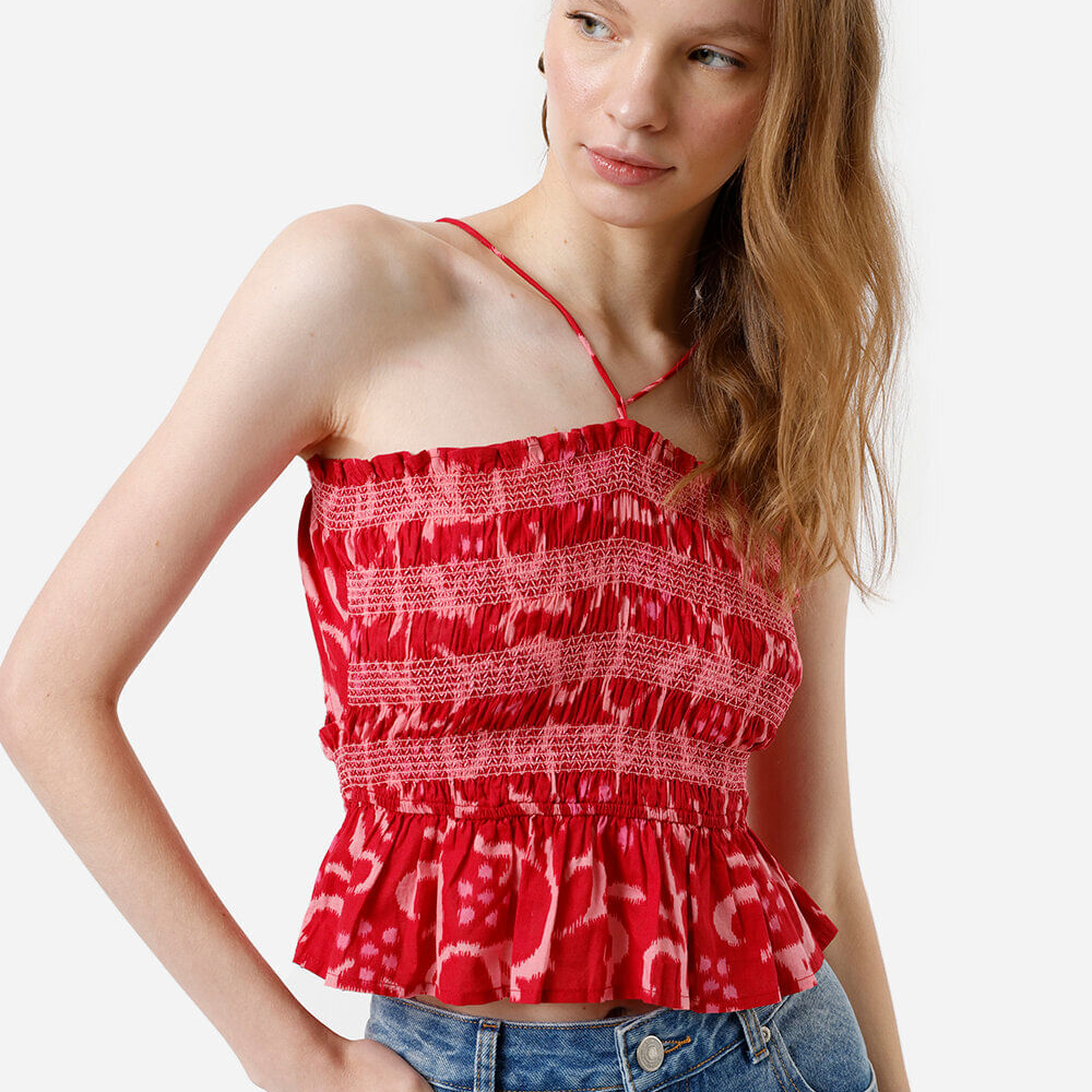 Blusa alça fina feminina de algodão franzida floral vermelha Blusa alça fina feminina de algodão franzida floral vermelha