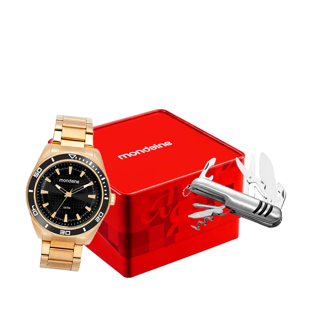 Kit relógio masculino mondaine analógico 32655gpmvde2kf dourado