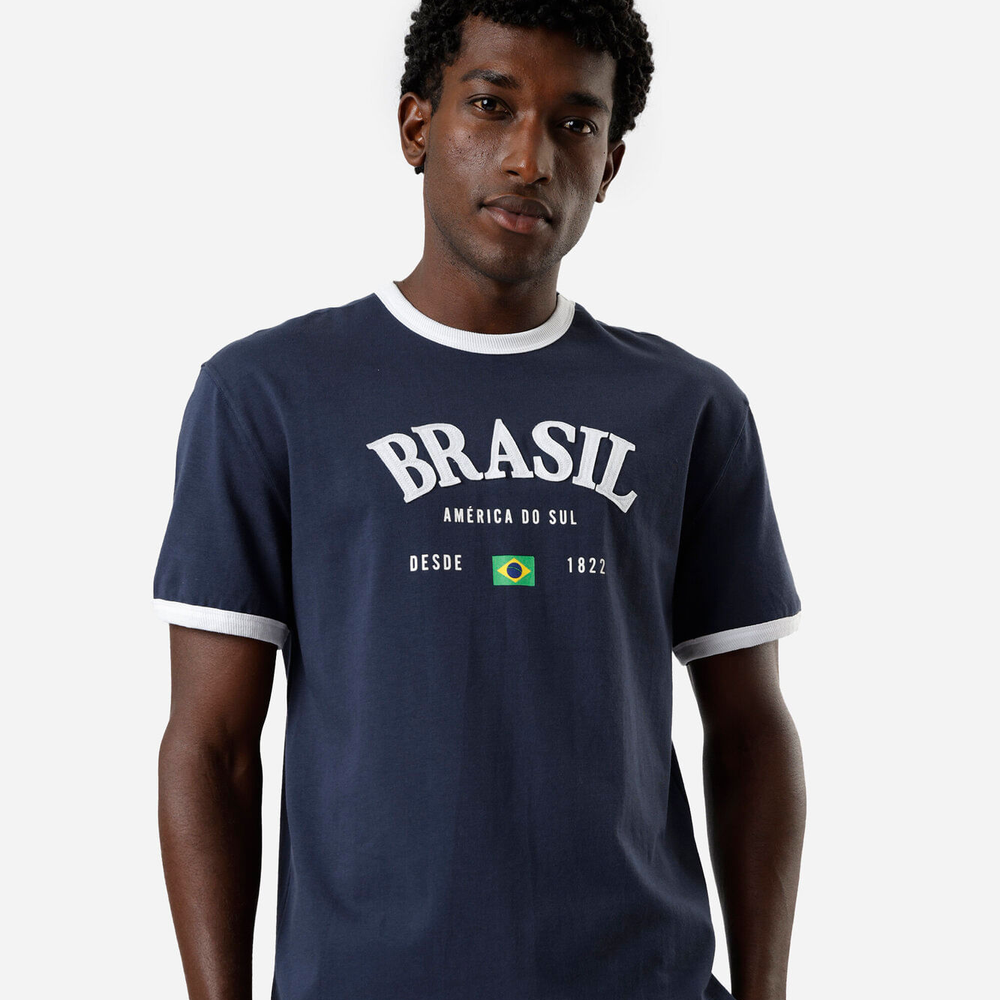 Camiseta masculina de algodão brasil bicolor azul Camiseta masculina de algodão brasil bicolor azul