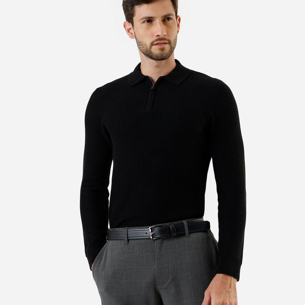 Polo masculina de tricot manga longa com zíper preto Polo masculina de tricot manga longa com zíper preto