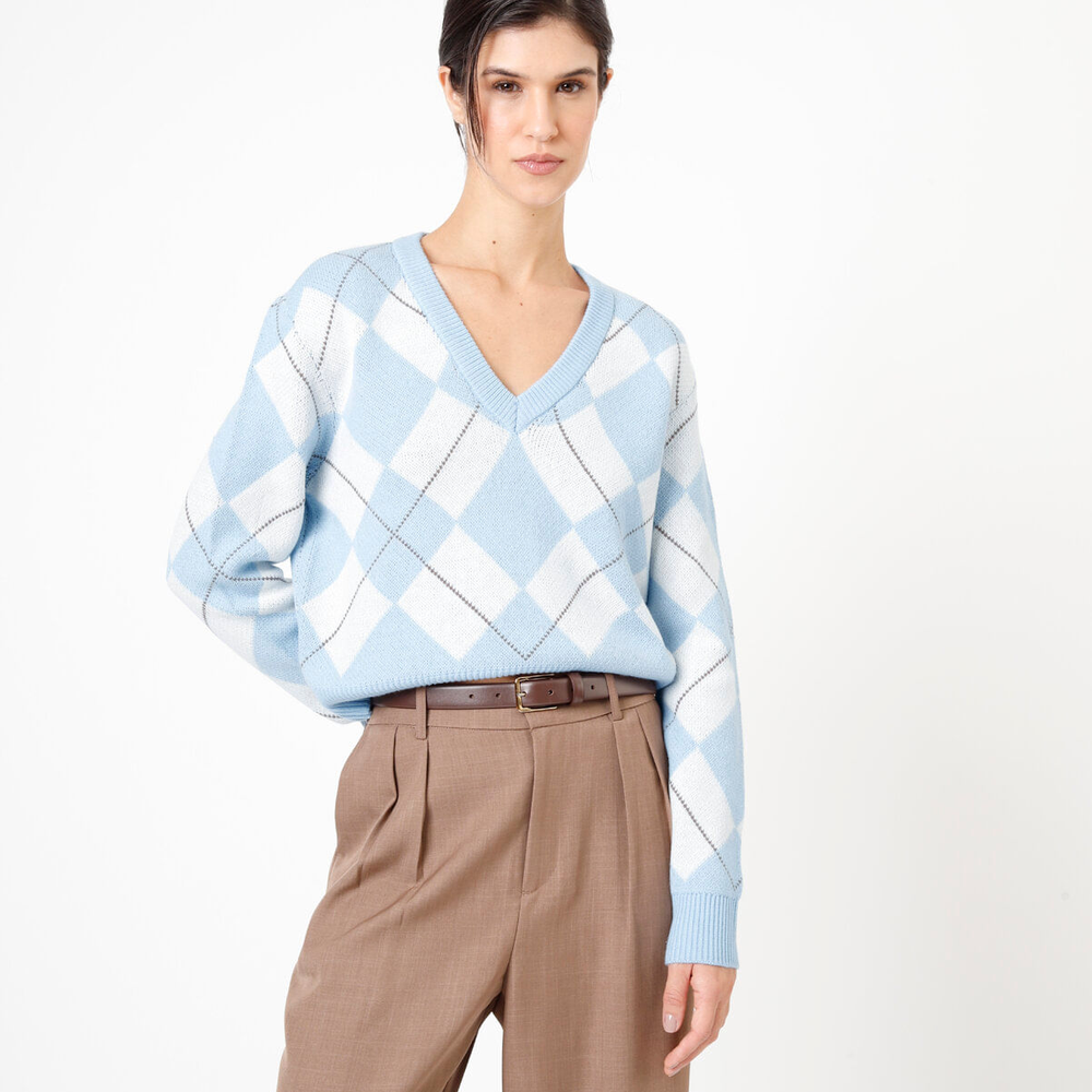 Suéter feminino te tricot decote v xadrez argyle colorido Suéter feminino te tricot decote v xadrez argyle colorido