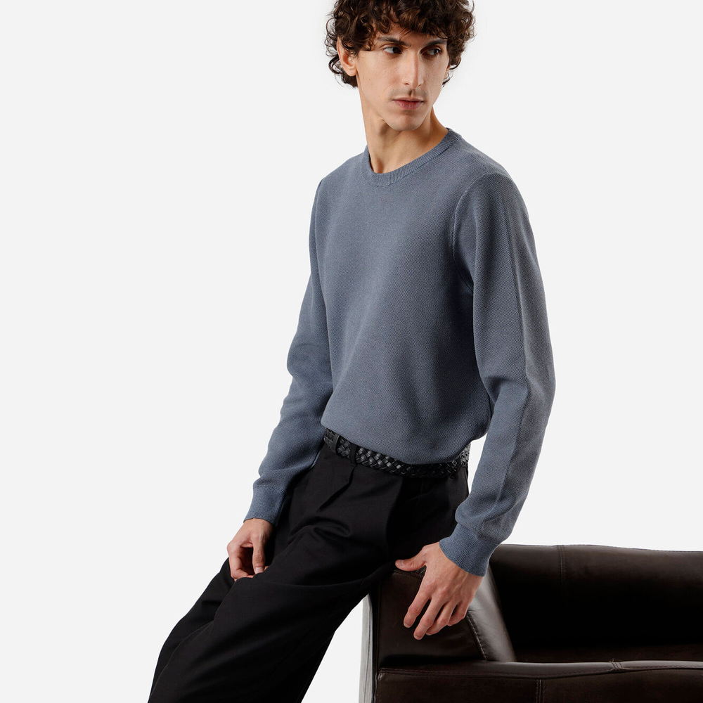 Suéter masculino de tricot gola redonda manga longa azul Suéter masculino de tricot gola redonda manga longa azul