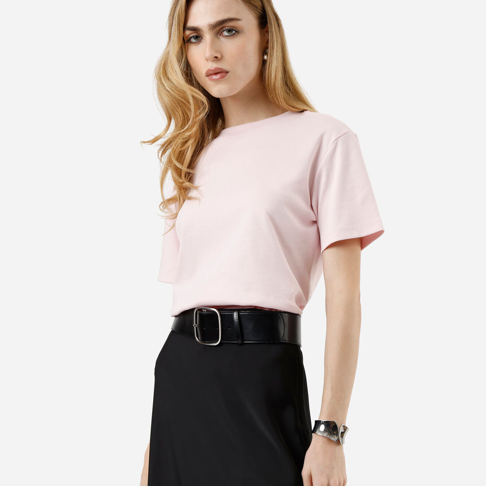 Camiseta básica feminina de algodão peruano oversized com fendas rosa Camiseta básica feminina de algodão peruano oversized com fendas rosa