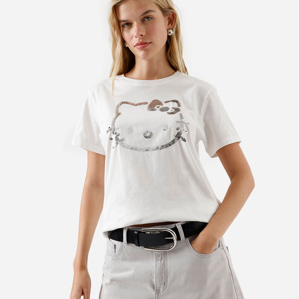 Camiseta feminina de algodão bordada paetê hello kitty off white Camiseta feminina de algodão bordada paetê hello kitty off white