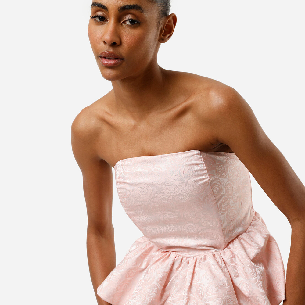 Blusa peplum feminina de jacquard sem alça floral rosa Blusa peplum feminina de jacquard sem alça floral rosa