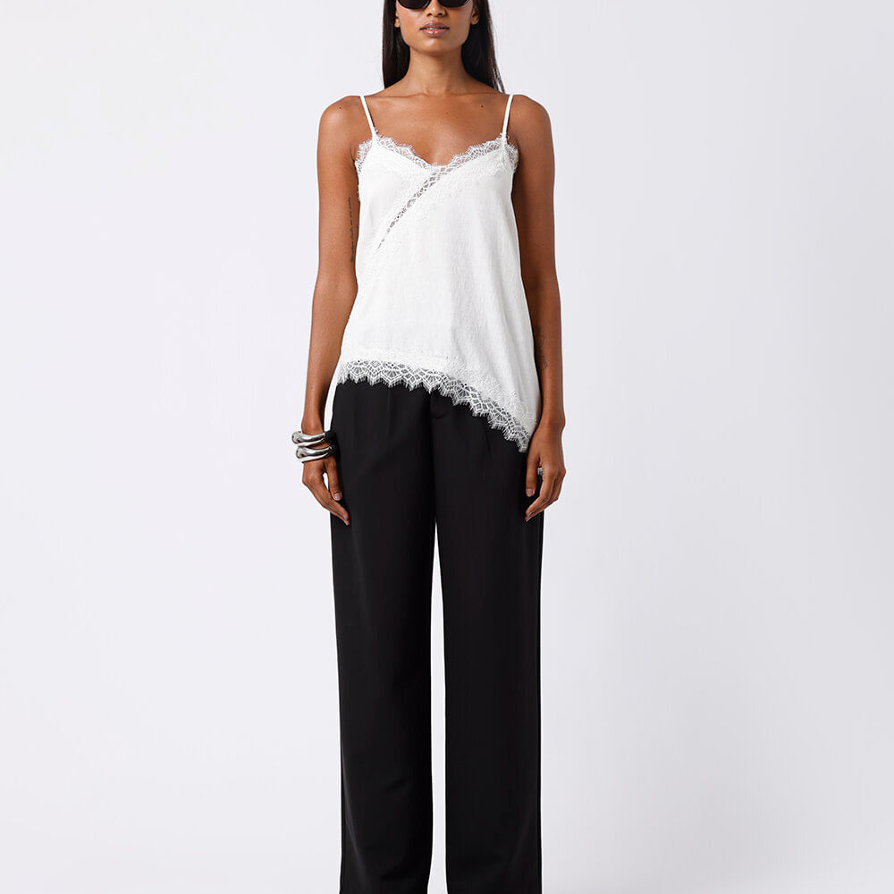 Regata alça fina feminina com renda acetinada mindset off white Regata alça fina feminina com renda acetinada mindset off white