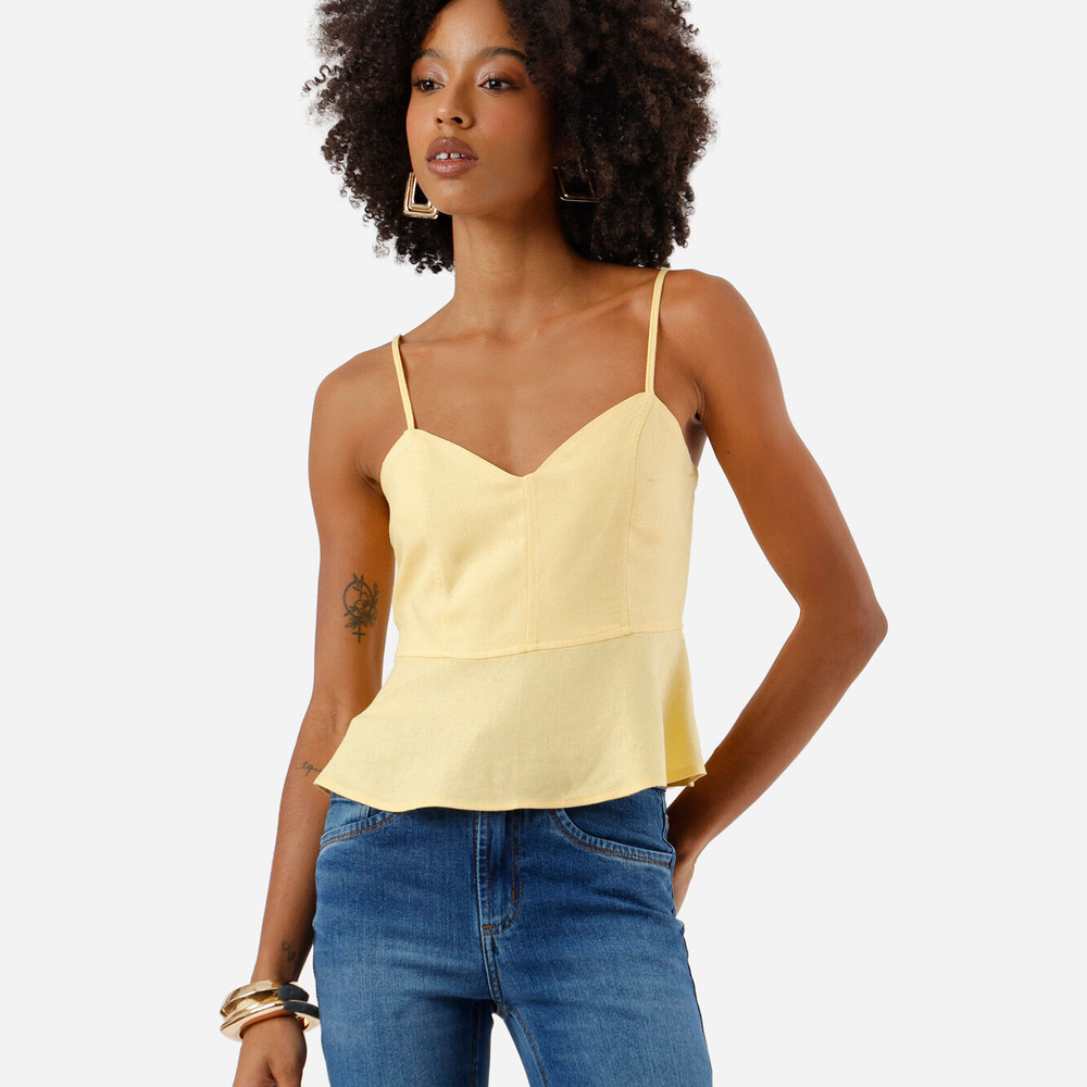Blusa alça fina feminina com linho e recortes amarela Blusa alça fina feminina com linho e recortes amarela