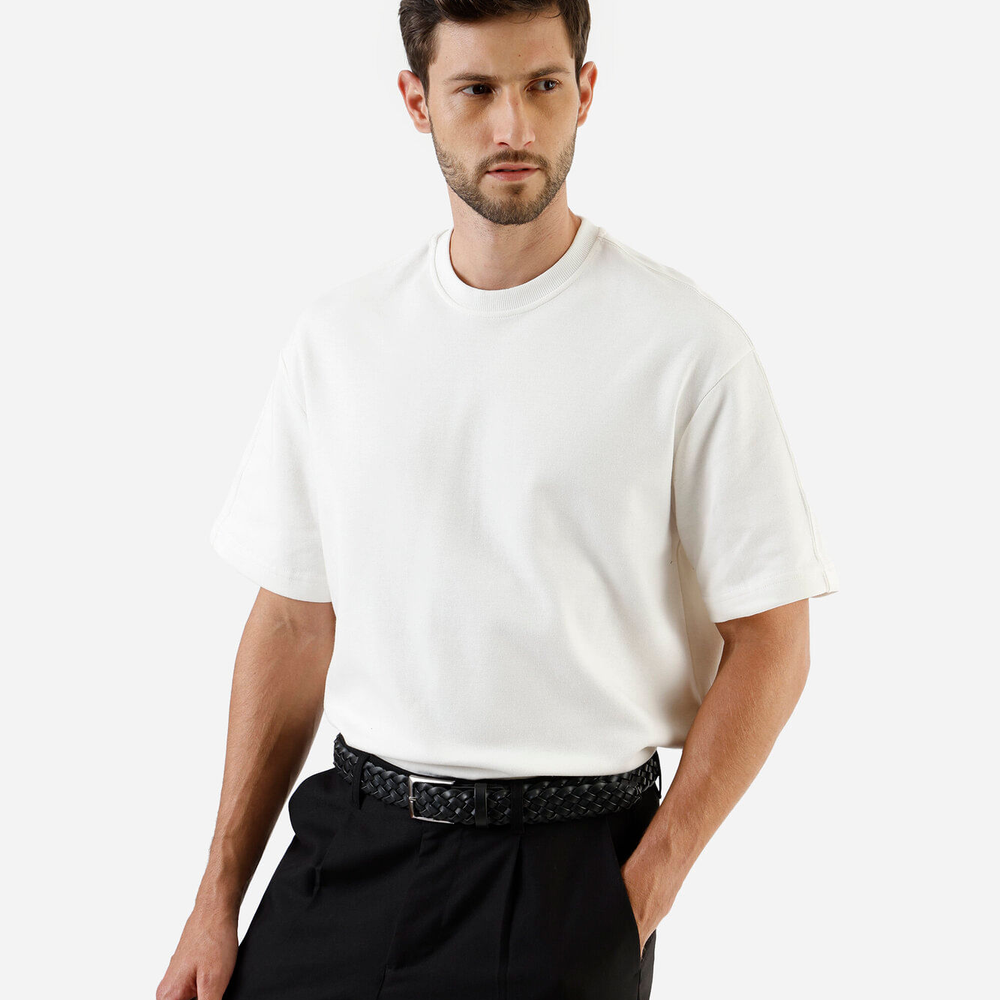 Camiseta box fit masculina com algodão e recorte manga curta off white Camiseta box fit masculina com algodão e recorte manga curta off white