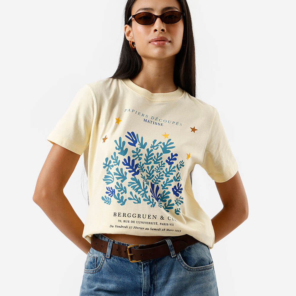 Camiseta feminina de algodão estampada matisse amarela Camiseta feminina de algodão estampada matisse amarela