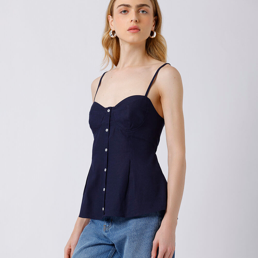 Blusa peplum feminina com linho alça fina mindset azul Blusa peplum feminina com linho alça fina mindset azul