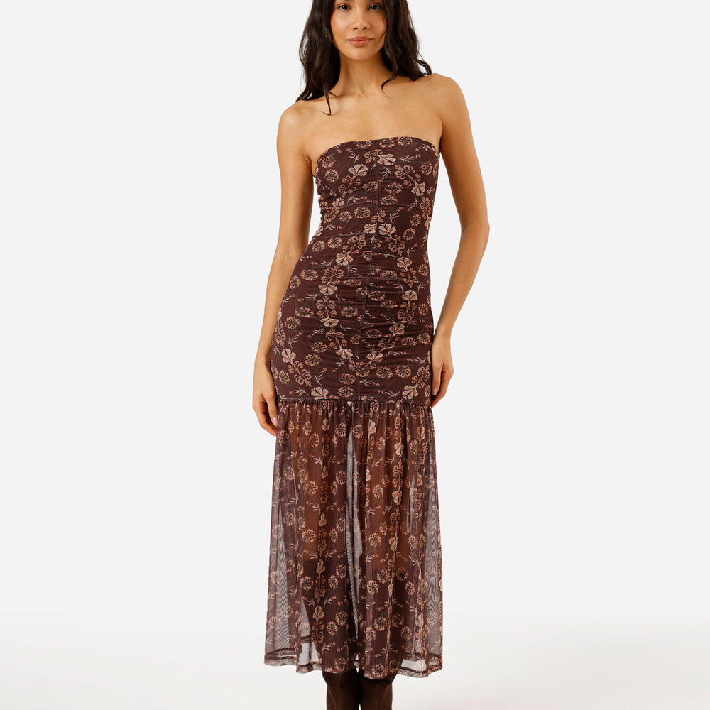 Vestido midi sem alça feminino de tule franzido floral marrom Vestido midi sem alça feminino de tule franzido floral marrom