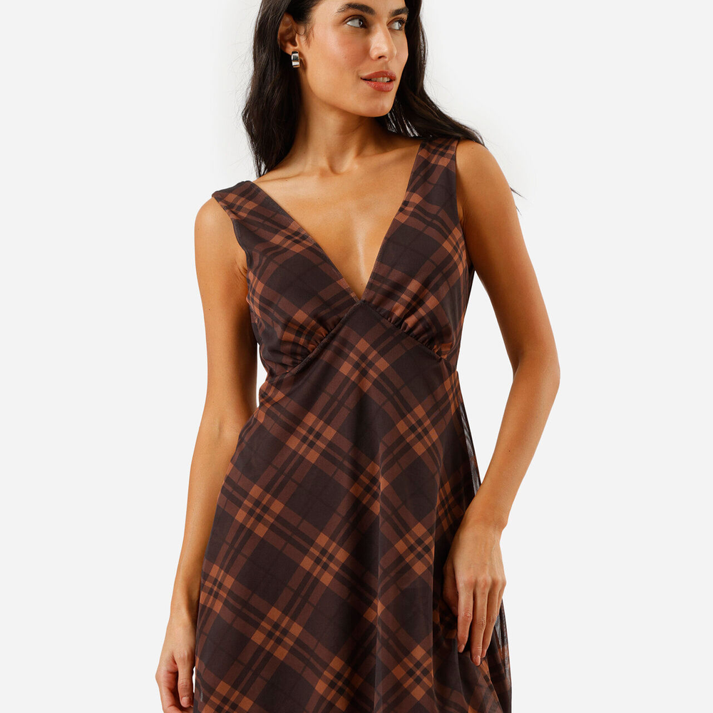 Vestido curto feminino de tule decote v xadrez marrom Vestido curto feminino de tule decote v xadrez marrom