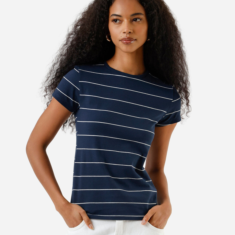 Blusa baby look feminina de algodão listrada azul Blusa baby look feminina de algodão listrada azul