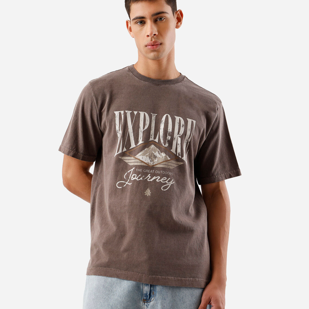 Camiseta masculina de algodão manga curta estampada estonada marrom Camiseta masculina de algodão manga curta estampada estonada marrom