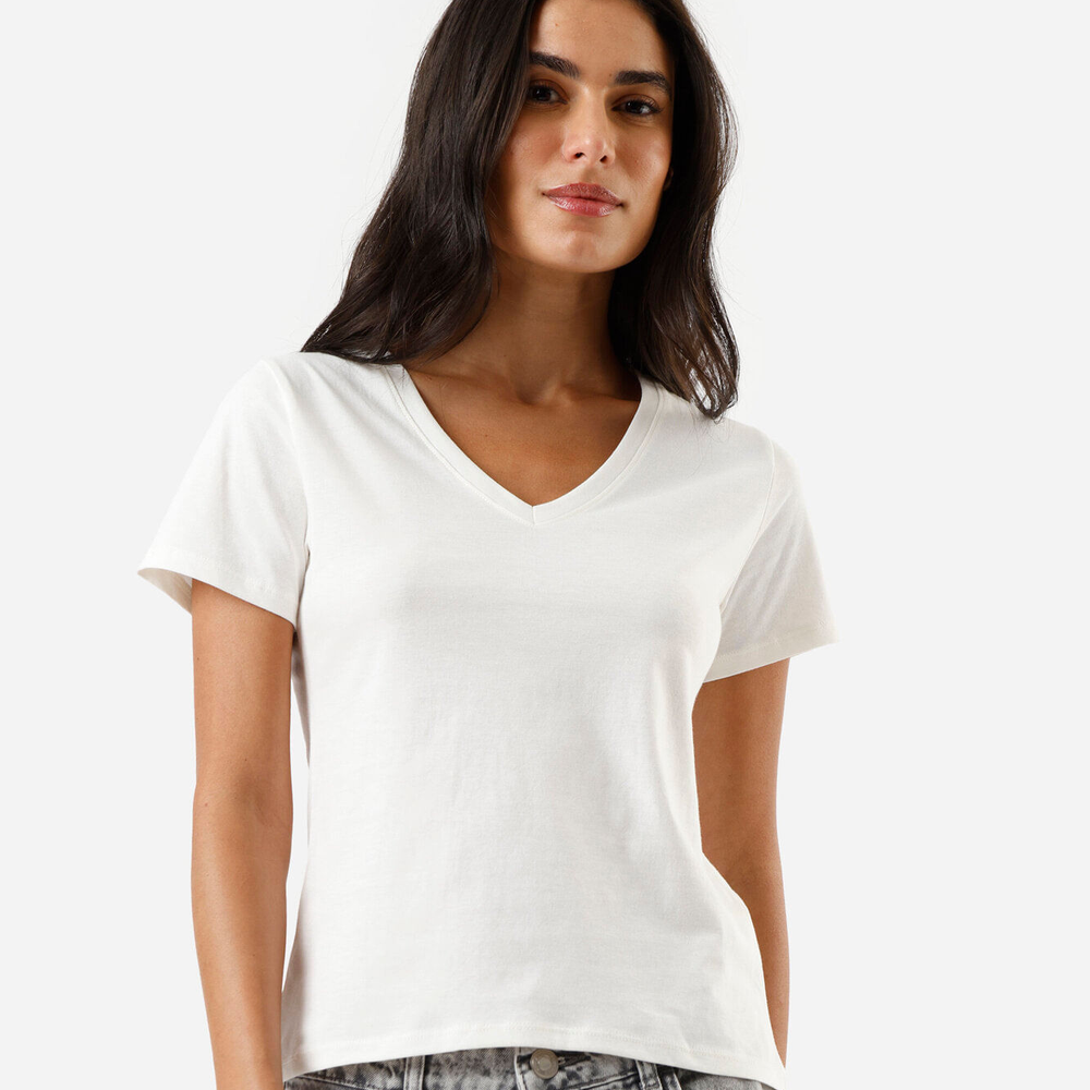 Camiseta feminina de algodão peruano decote v off white Camiseta feminina de algodão peruano decote v off white