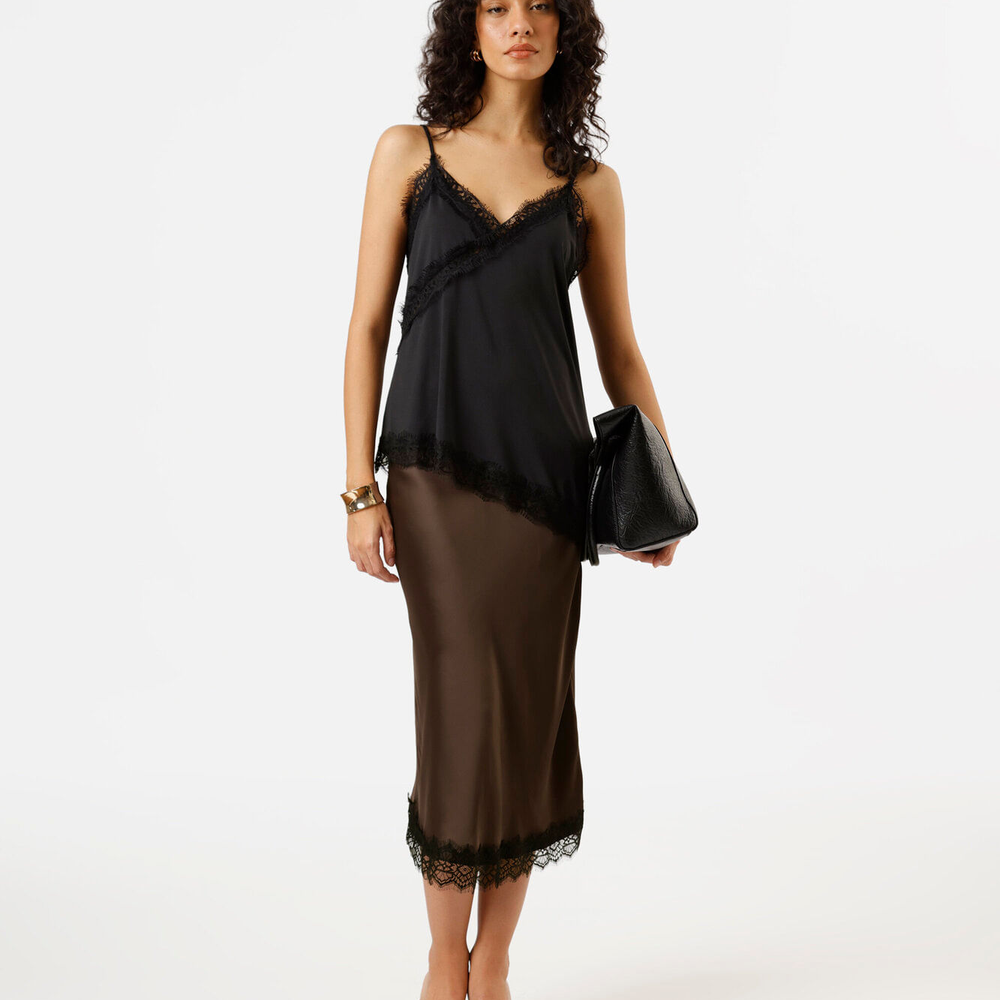 Saia midi feminina com renda acetinada marrom Saia midi feminina com renda acetinada marrom