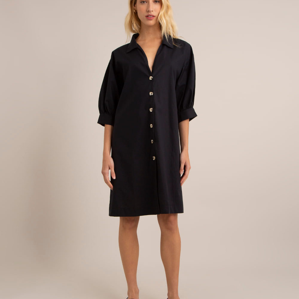 Vestido chemise curto de algodão manga bufante preto
