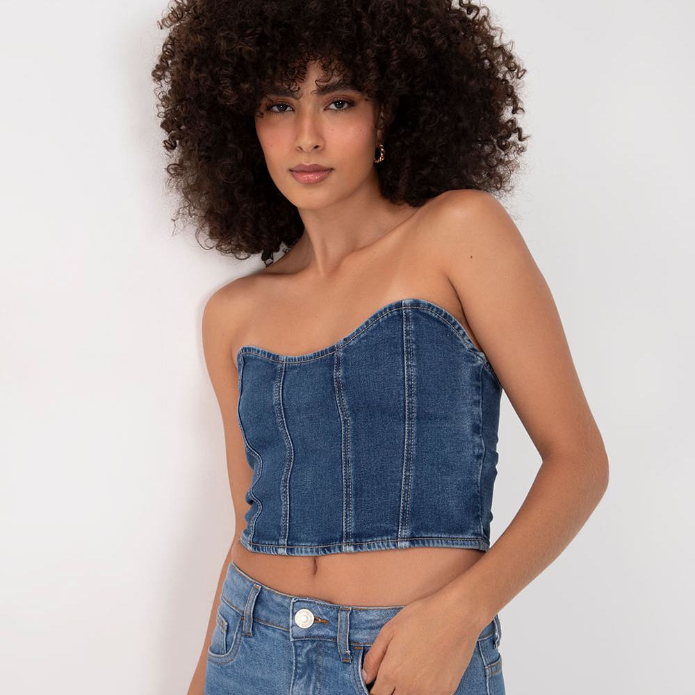 Corset jeans decote coração azul escuro Corset jeans decote coração azul escuro
