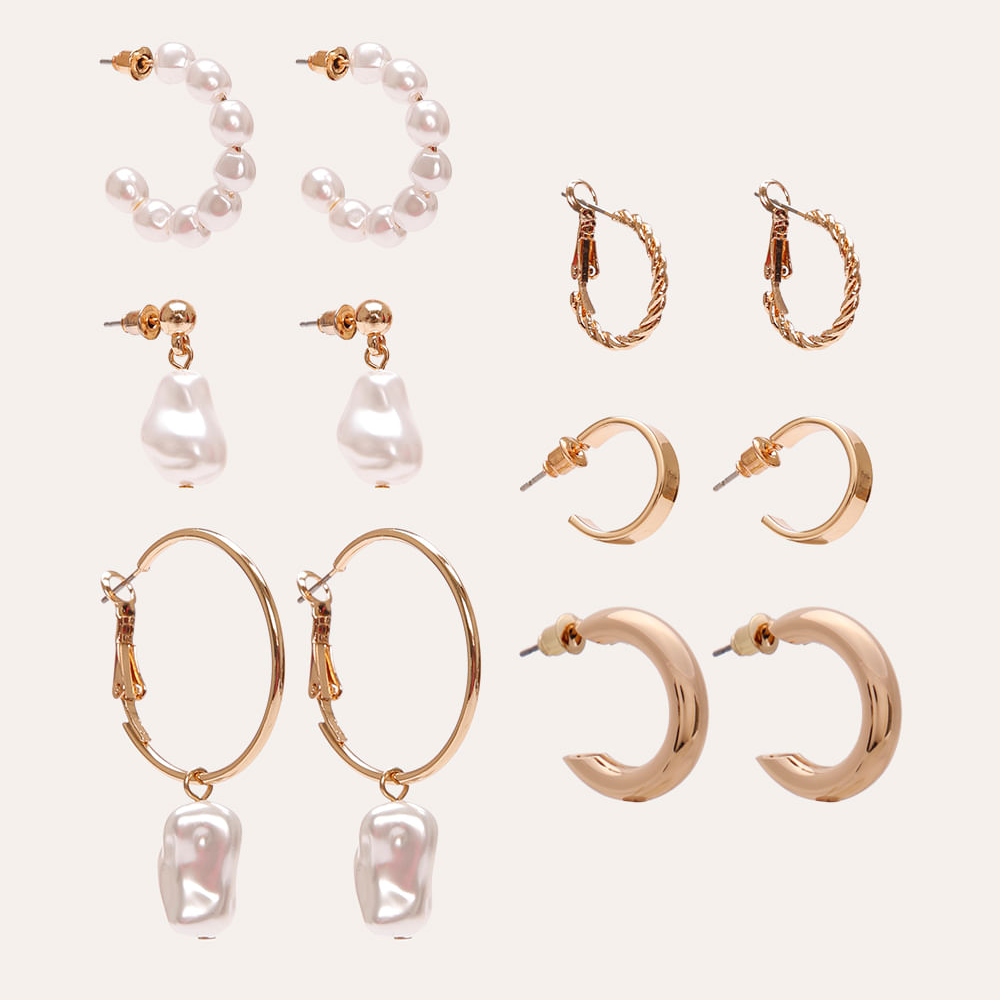 Kit de 6 pares de brincos mini argola e pérolas dourado