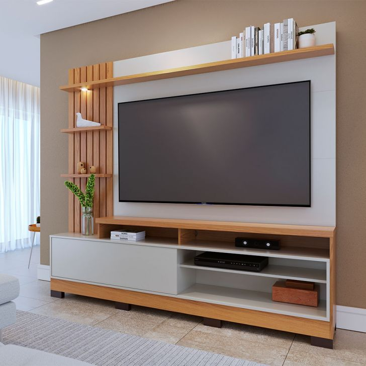 Estante Para Home Theater E Tv Até 65 Polegadas Com Led Maceió Freijó E Off White Estante Para Home Theater E Tv Até 65 Polegadas Com Led Maceió Freijó E Off White