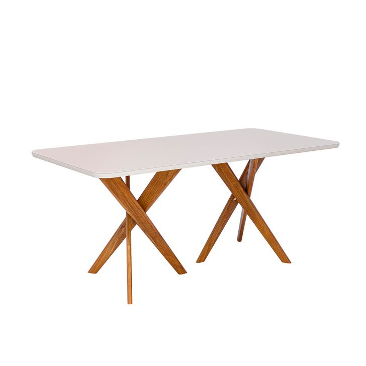 Mesa De Jantar Retangular Com Tampo De Vidro Cacau Off White E Madeira 180 Cm