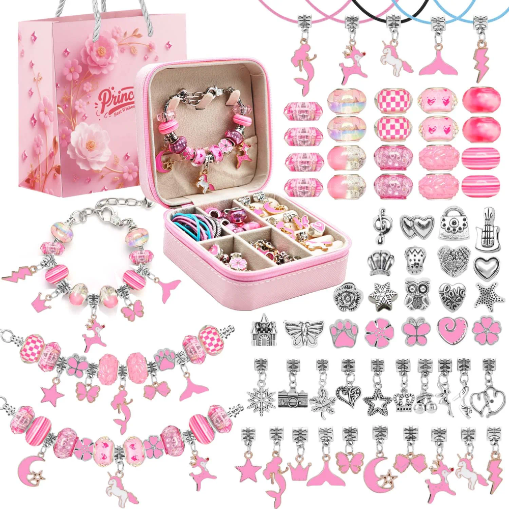 68pcs pink beaded jewelry set, charm bracelet making set with pink jewelry box, for birthday, Christmas, Chinese New Year jewelr 68pcs pink beaded jewelry set, charm bracelet making set with pink jewelry box, for birthday, Christmas, Chinese New Year jewelr