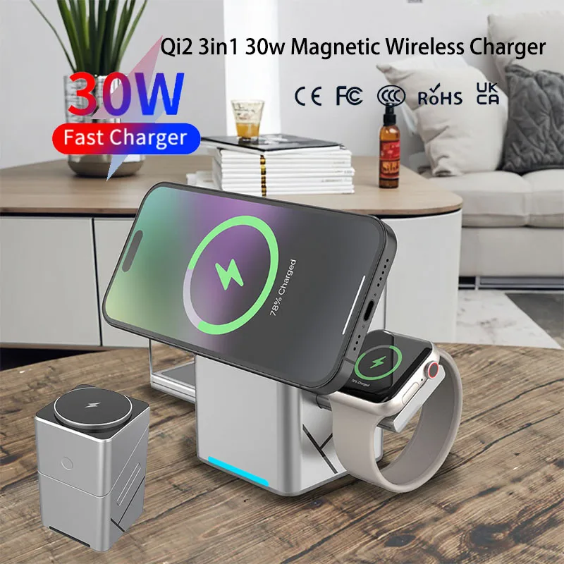 15W Touch Rotating Magnetic Multi-function 3 in 1 Wireless Charger for Iphone 16 15 14 13 Max Fast Charger Samsung Xiaomi 15W Touch Rotating Magnetic Multi-function 3 in 1 Wireless Charger for Iphone 16 15 14 13 Max Fast Charger Samsung Xiaomi