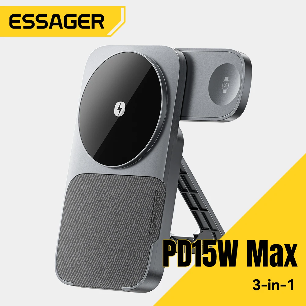 Essager 3-in-1 Portable Folding Wireless Charger Stand 15W Magnetic for iPhone 1716/15 AirPods Apple Watch MagSafe Fast Charging Essager 3-in-1 Portable Folding Wireless Charger Stand 15W Magnetic for iPhone 1716/15 AirPods Apple Watch MagSafe Fast Charging
