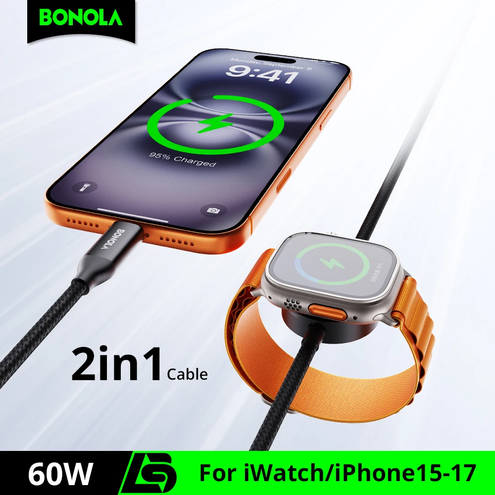 Bonola 2 in 1 Fast Watch Charger Cable for Apple Watch Ultra 11/10 60w Super Charging Type C to C Cable for iPhone 17/16/15 Pro Bonola 2 in 1 Fast Watch Charger Cable for Apple Watch Ultra 11/10 60w Super Charging Type C to C Cable for iPhone 17/16/15 Pro