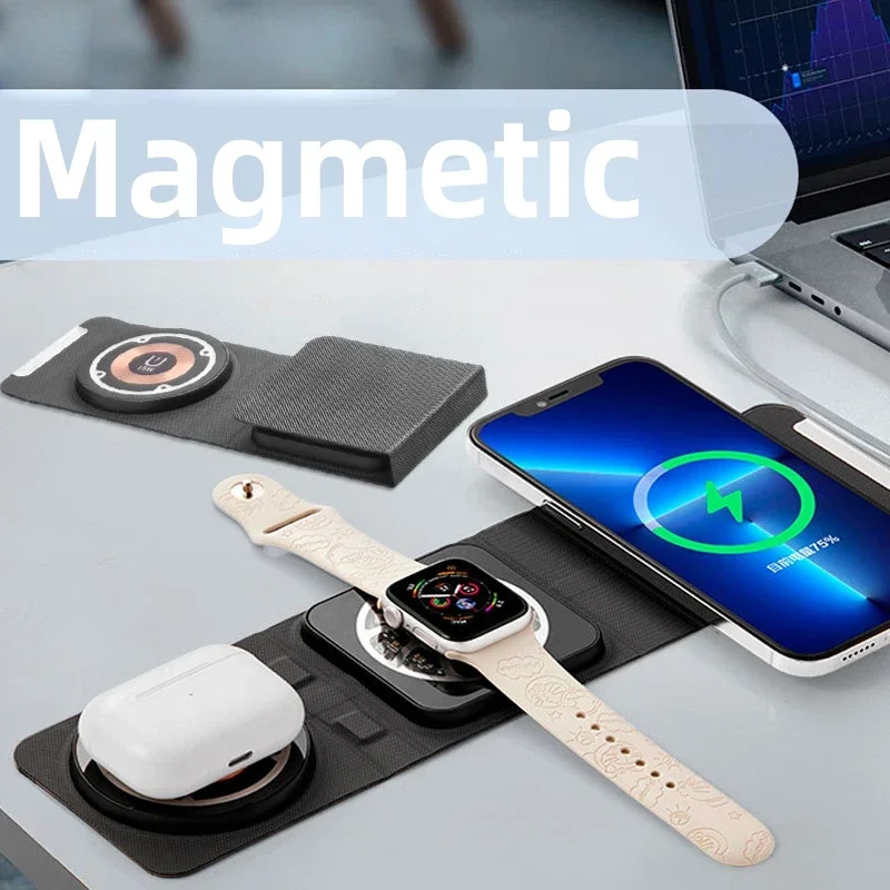 3 in 1 Magnetic Wireless Charger Pad for iPhone 16 15 14 13 12 Pro Max Apple Watch 10 9 8 AirPods 3 2 Fast Charging Dock Station