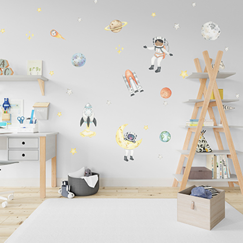 Adesivo de Parede Infantil Astronauta no Espaço em Aquarela - autocolante e recortado Adesivo de Parede Infantil Astronauta no Espaço em Aquarela - autocolante e recortado