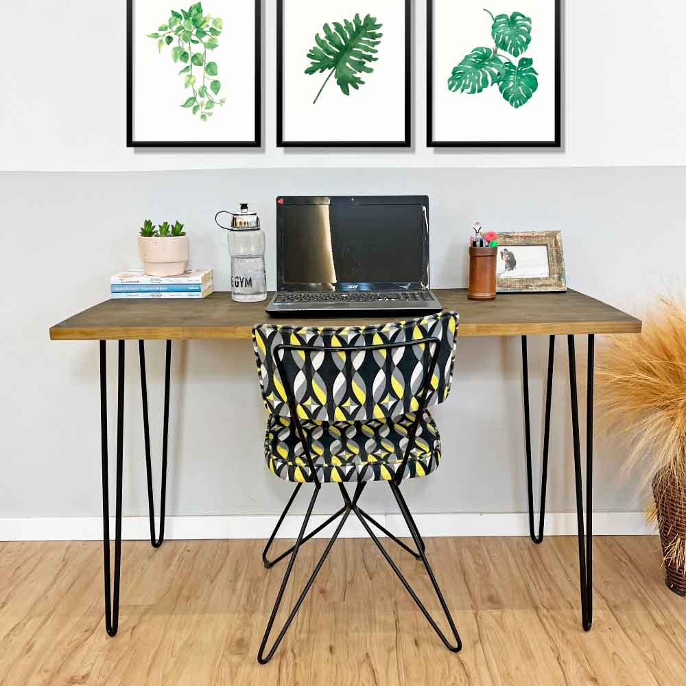 Mesa Escritório de Ferro e Madeira 120cm Hairpin Industrial Tabaco e Preto