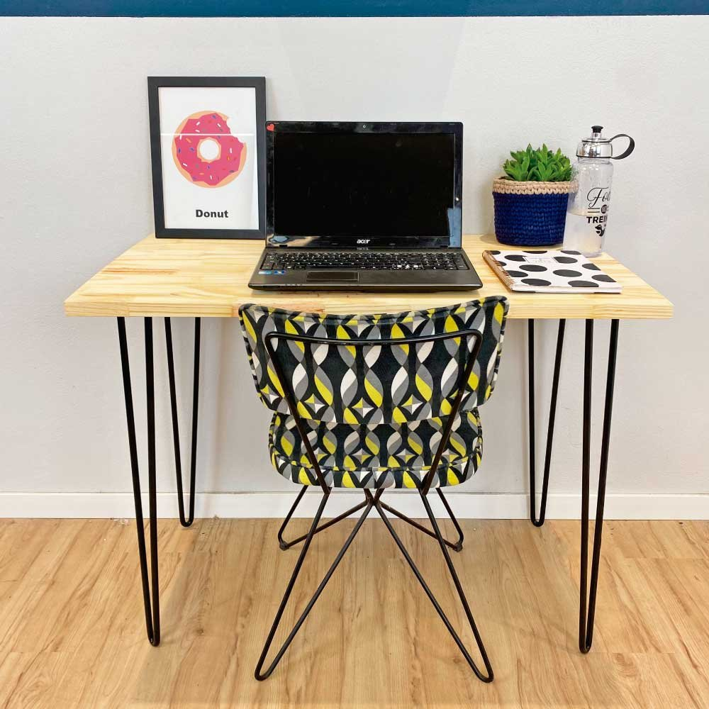 Mesa para Escritório de Ferro e Madeira 96cm Hairpin Industrial Natural e Preto Mesa para Escritório de Ferro e Madeira 96cm Hairpin Industrial Natural e Preto