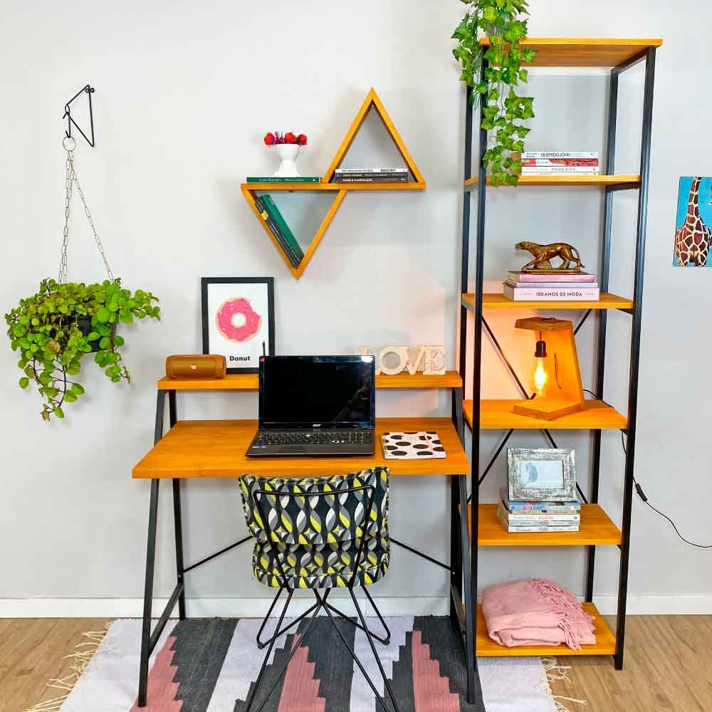 Kit Mesa para Escritório Stair 100cm e Estante Style Slim 6 Prateleiras Industrial Carvalho e Preto Kit Mesa para Escritório Stair 100cm e Estante Style Slim 6 Prateleiras Industrial Carvalho e Preto
