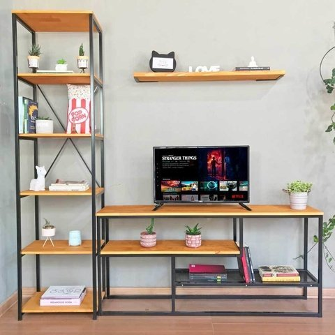 Rack de TV Style Industrial com Estante Style de Ferro e Madeira Slim 6 Prateleiras Carvalho e Preto Rack de TV Style Industrial com Estante Style de Ferro e Madeira Slim 6 Prateleiras Carvalho e Preto