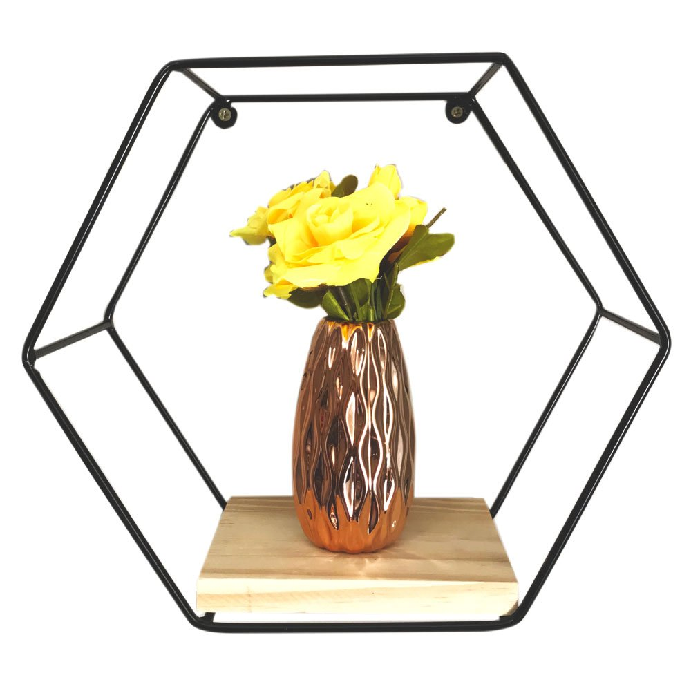 Nicho Mini de Parede de Ferro e Madeira Hexágono Natural e Preto Nicho Mini de Parede de Ferro e Madeira Hexágono Natural e Preto