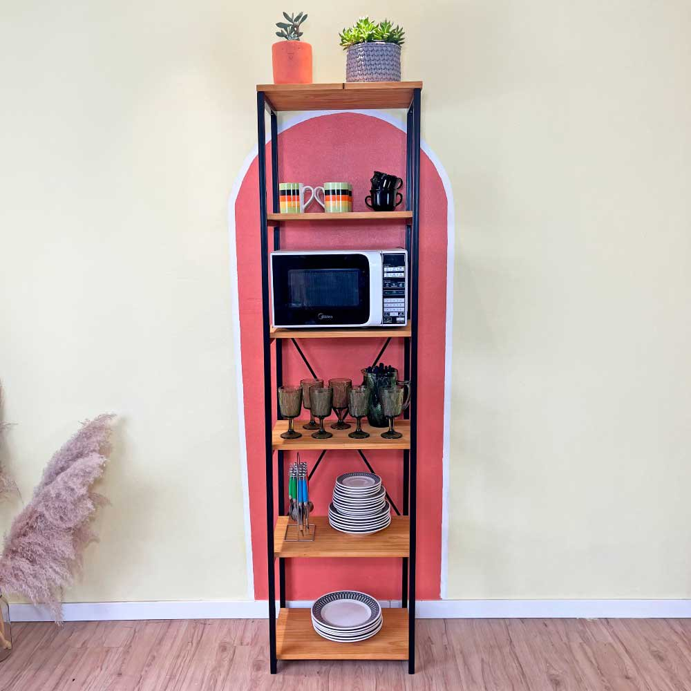 Estante Style de Ferro e Madeira Slim 6 Prateleiras Industrial Nozes e Preto Estante Style de Ferro e Madeira Slim 6 Prateleiras Industrial Nozes e Preto