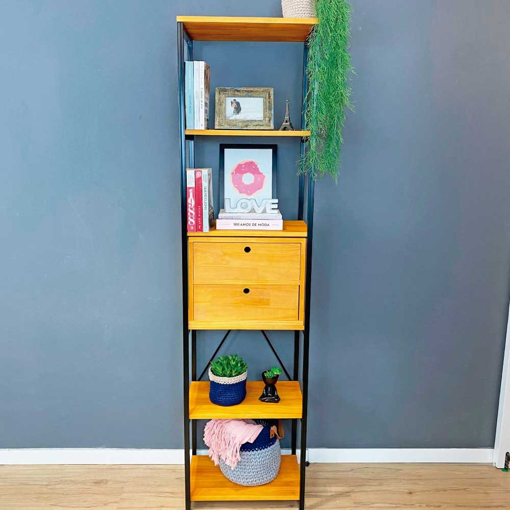 Estante Style de Ferro e Madeira Slim 6 Prateleiras Industrial com 1 Gaveteiro Carvalho e Preto Estante Style de Ferro e Madeira Slim 6 Prateleiras Industrial com 1 Gaveteiro Carvalho e Preto