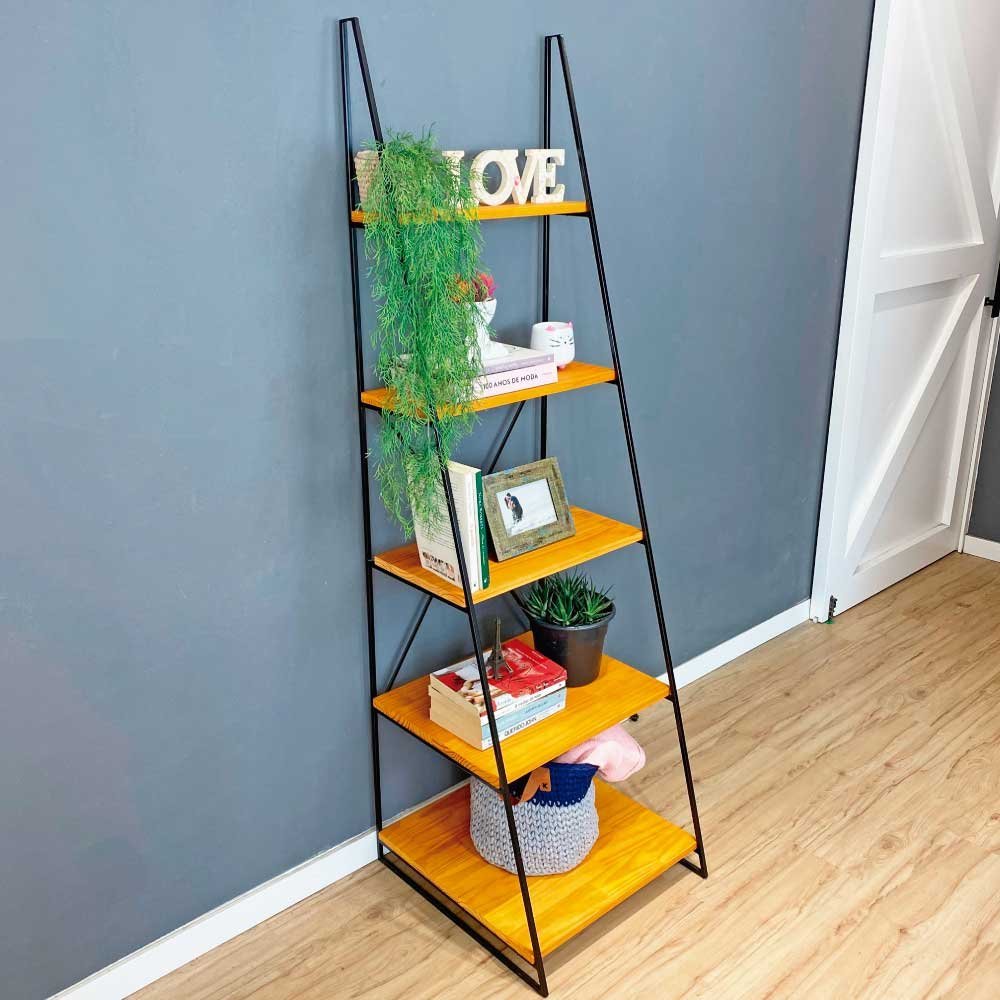 Estante Escada Torre de Ferro e Madeira Industrial Slim 5 Prateleiras Carvalho e Preta Estante Escada Torre de Ferro e Madeira Industrial Slim 5 Prateleiras Carvalho e Preta