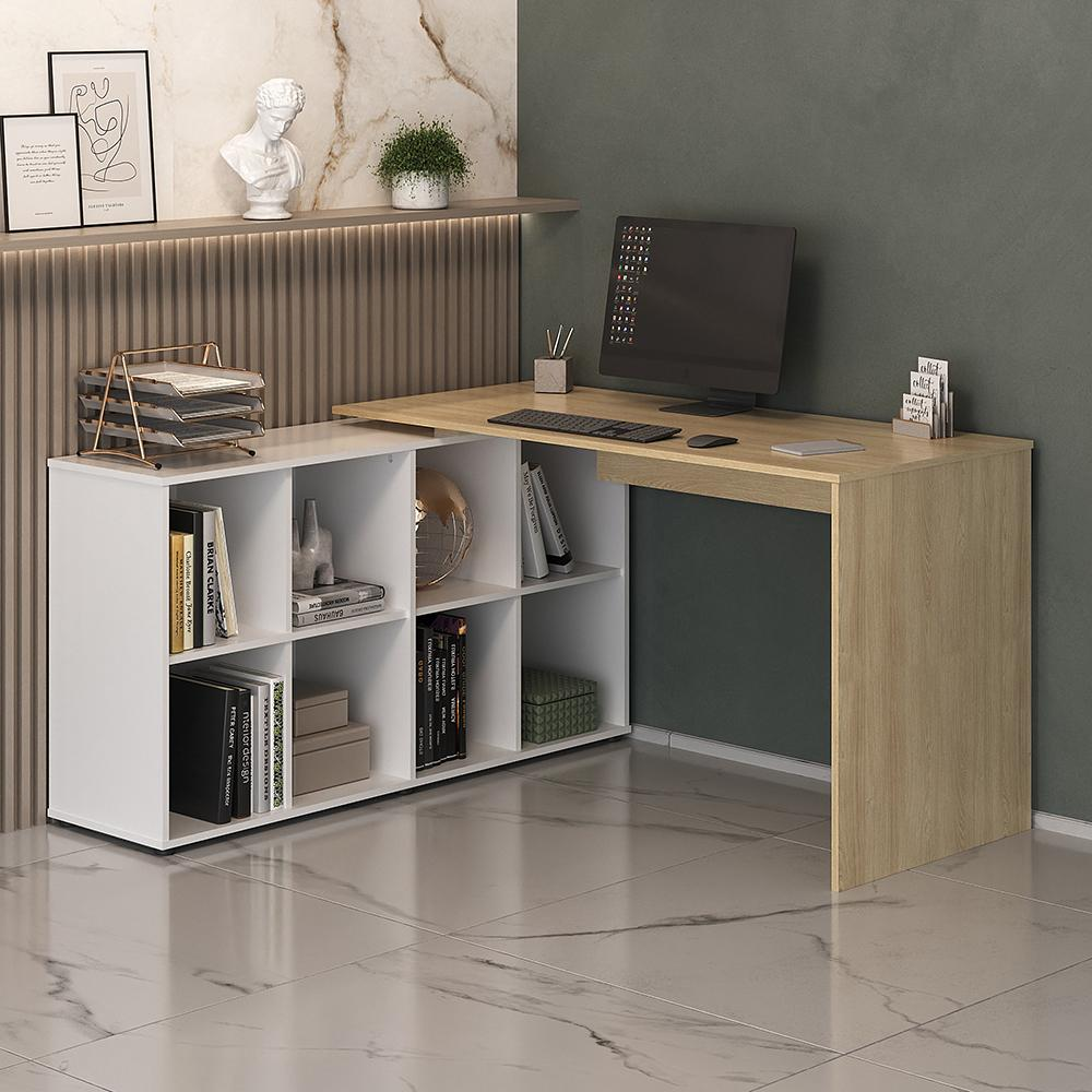Mesa de Escritório em L 8 Nichos Dakota Carvalho Branco Mesa de Escritório em L 8 Nichos Dakota Carvalho Branco