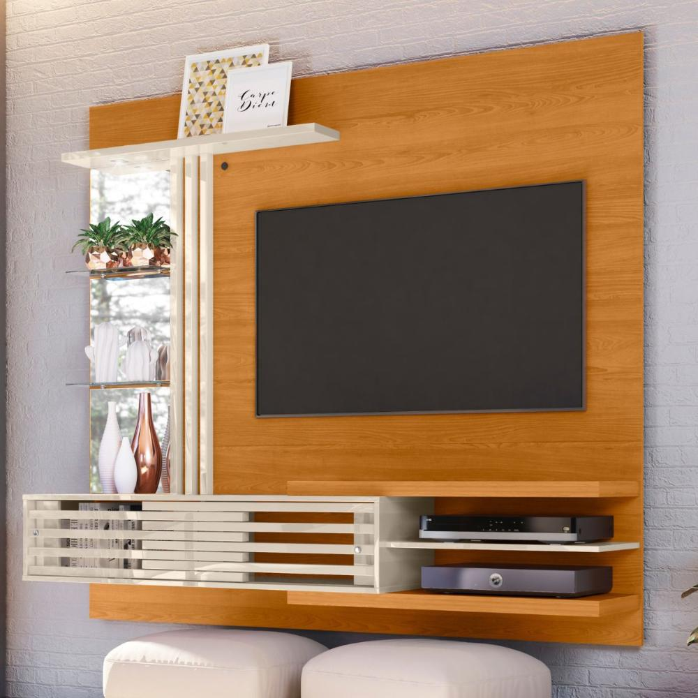 Home Para TV Com Espelho e Prateleiras Cinamomo Off White Home Para TV Com Espelho e Prateleiras Cinamomo Off White
