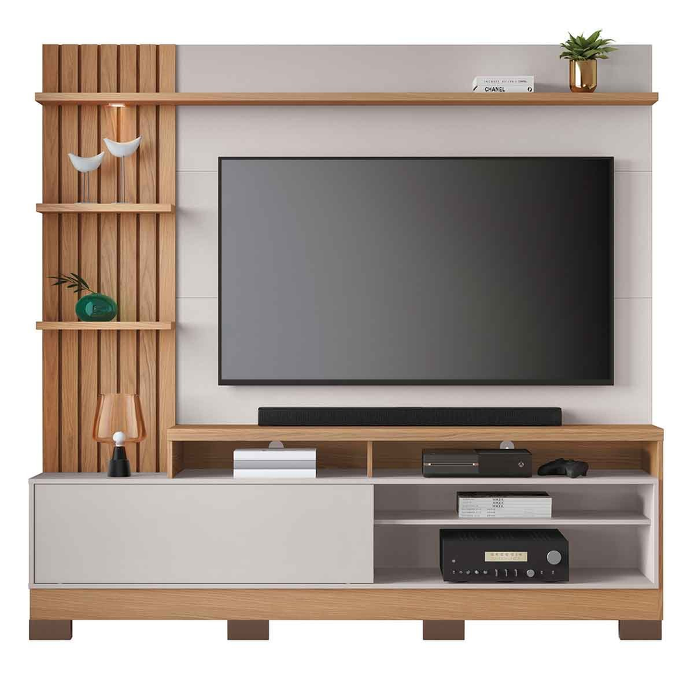 Painel Home Theater 4 Prateleiras Spot LED c/ Pés 65" Polegadas Invernia Freijo/Off White Painel Home Theater 4 Prateleiras Spot LED c/ Pés 65" Polegadas Invernia Freijo/Off White