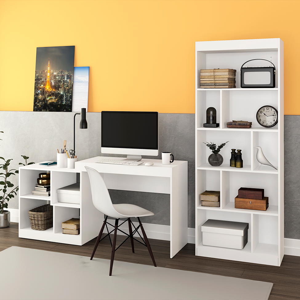 Conjunto de Mesa de Escritório Montpellier com Estante Hunt Branco Conjunto de Mesa de Escritório Montpellier com Estante Hunt Branco