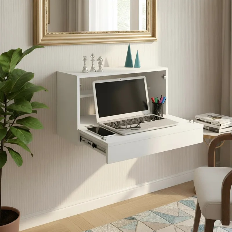 Escrivaninha Suspensa Bancada Compacta com Gaveta Mesa para Notebook Branco Laca Escrivaninha Suspensa Bancada Compacta com Gaveta Mesa para Notebook Branco Laca