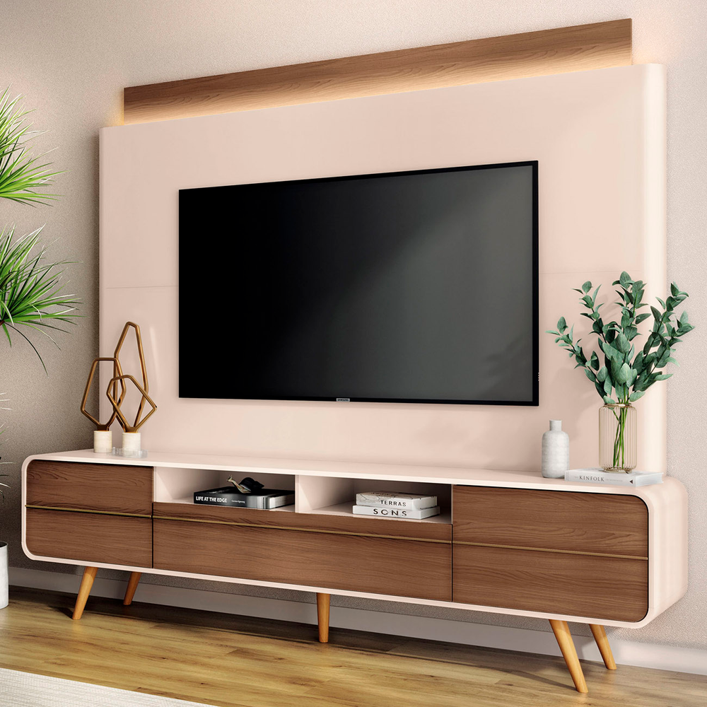 Estante Painel de TV 85 Pol 220cm Nobre Castanho/Off White - HB Móveis